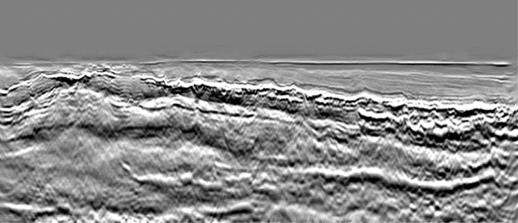 P-wave reflectivity image obtained by spatial differentiation of the FWI acoustic-impedance model at 60 Hz, in-lines in the sub-salt strike direction, S-Cube Wintershall Dea Seismic Imaging