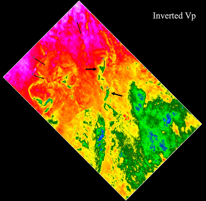 Fig 3. Inverted model of the 1750m depth slice clearly highlighting low-velocity anomalies in the Mio–Pliocene CLCs, consistent with proven gas-charged channels.
