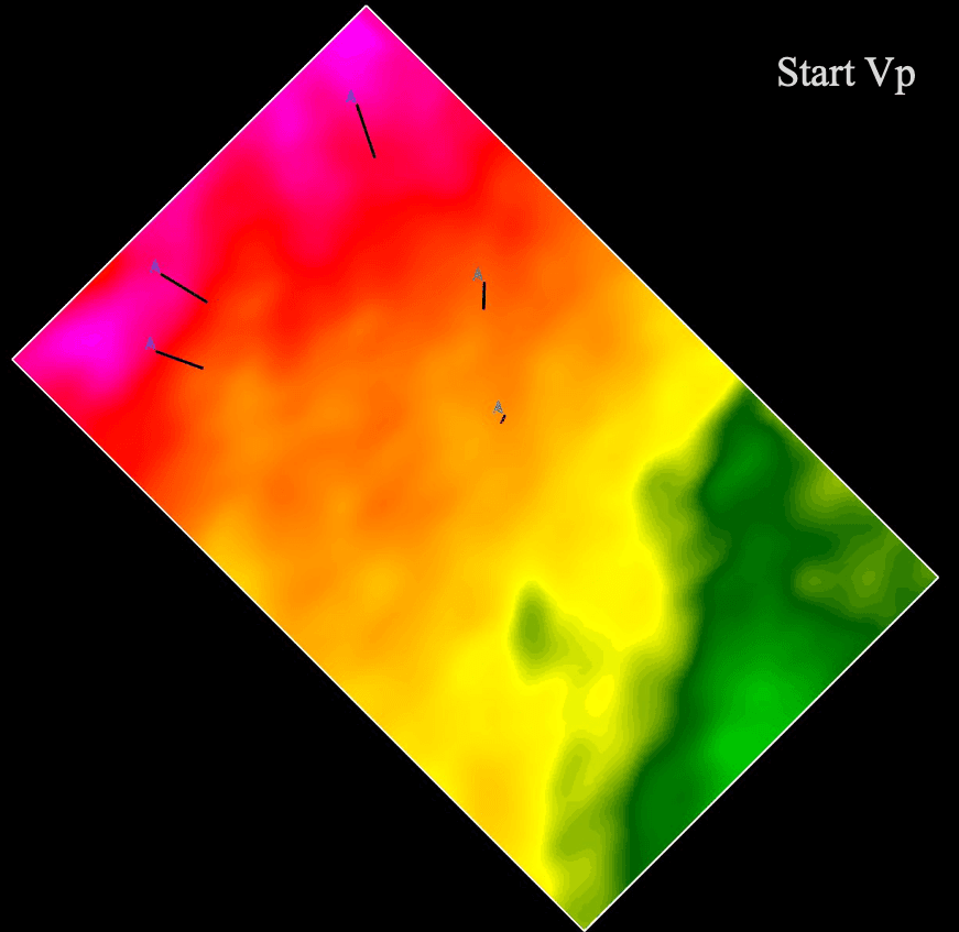 Fig 3. Inverted model of the 1750m depth slice clearly highlighting low-velocity anomalies in the Mio–Pliocene CLCs, consistent with proven gas-charged channels.